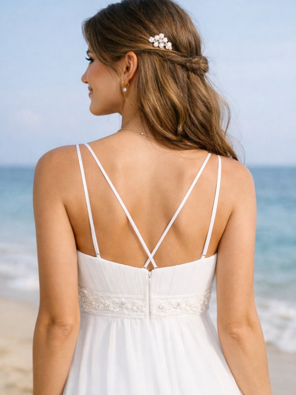 David's Bridal Ivory Empire Waist Spaghetti Strap Chiffon Bridal/Prom Gown 8 - Picture 2 of 16